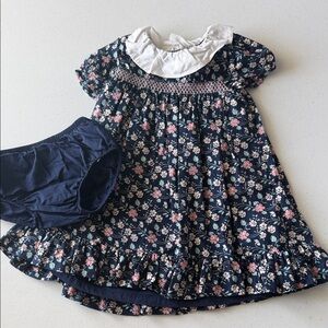 Navy Floral Smocked Kids Dress with Peter Pan Collar